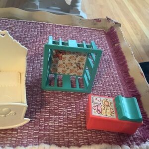 Vintage dollhouse furniture..white cradle, changing table and playpen